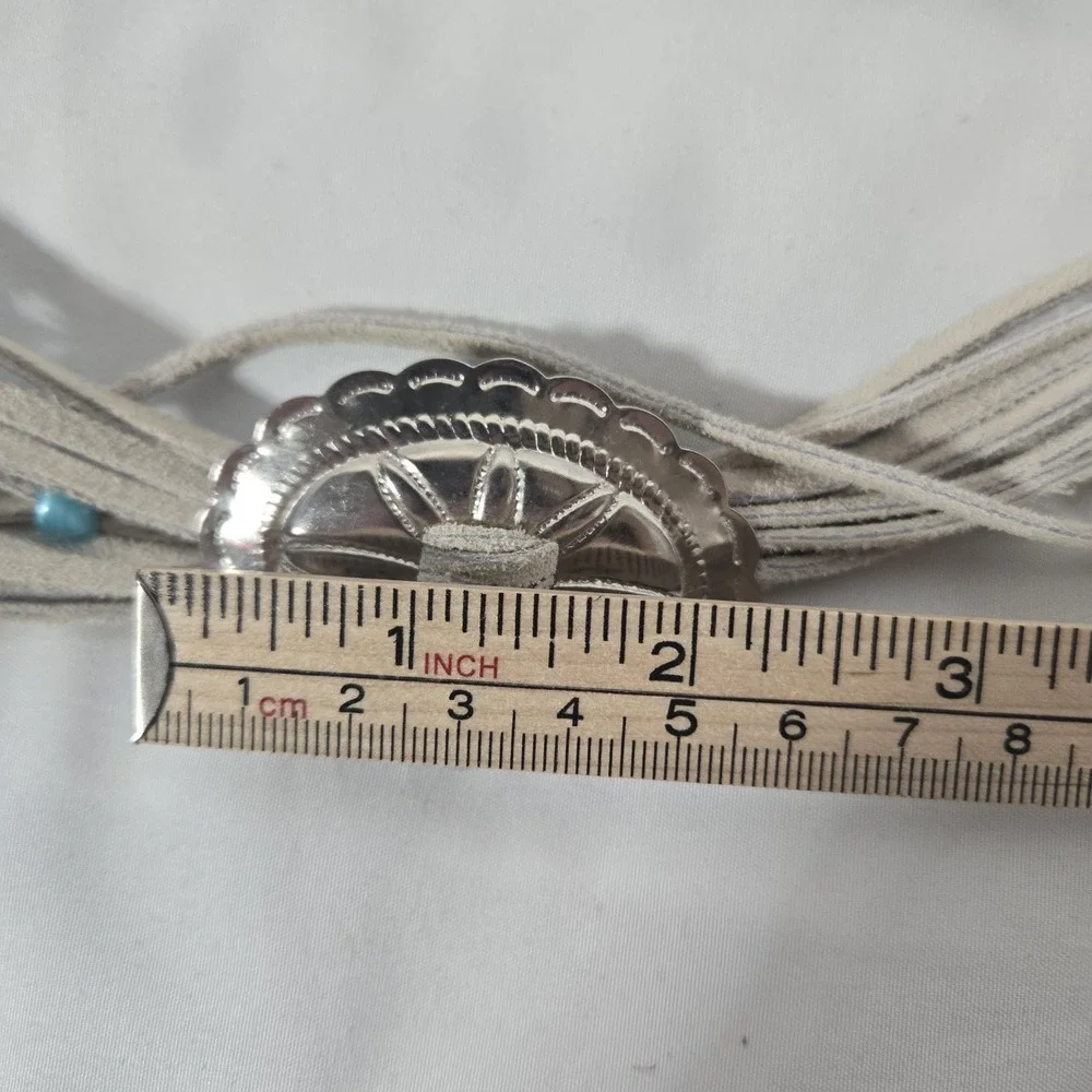 Southwestern Suede Tie Belt Turquoise Color Bead Silver Tone Concho Fringe Boho